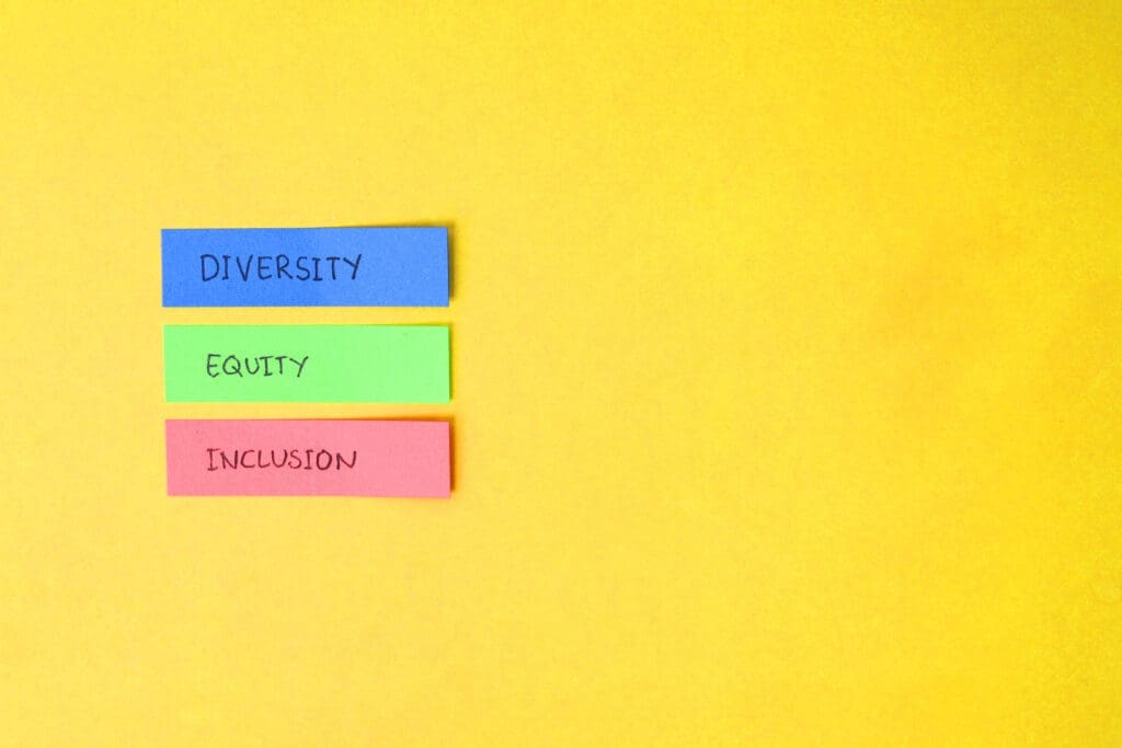 Diversity, equity and inclusion on multicolored post-its 