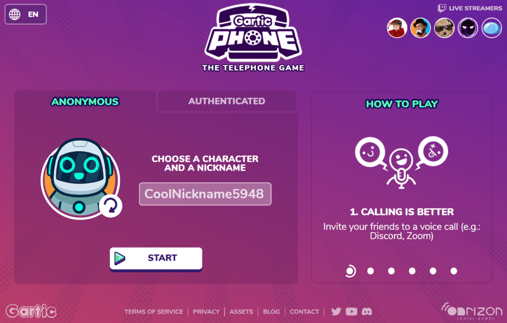 start screen of the game gartic phone