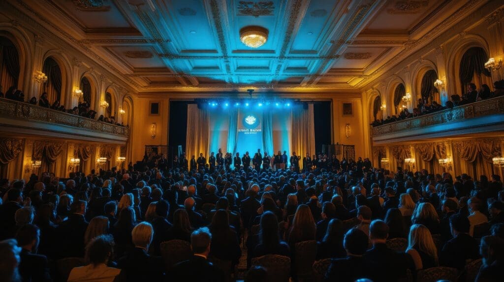 Large audience at a formal event in a grand ballroom.