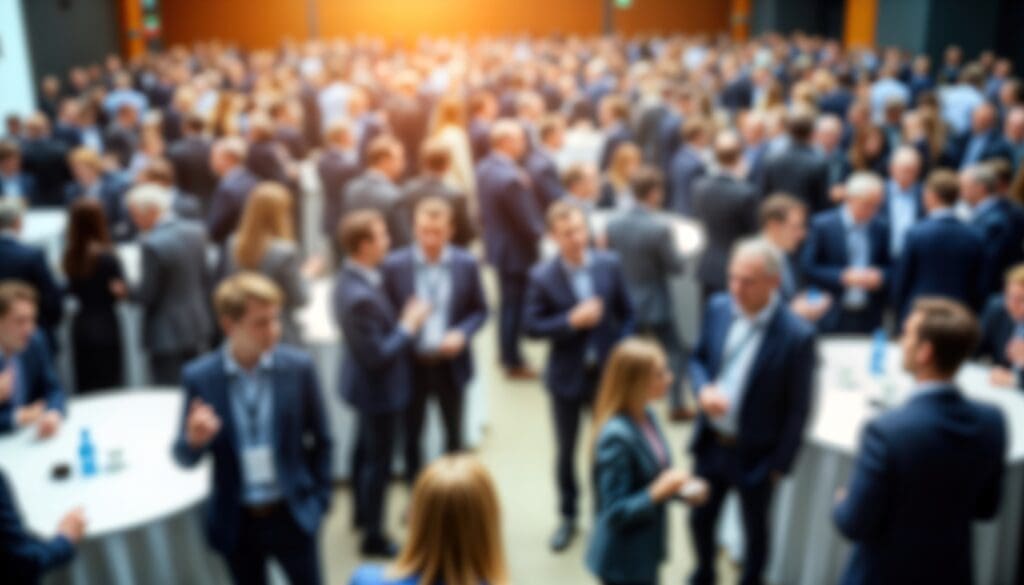 Large group of business people socialize at corporate event. Many professionals dressed in suits. Indoor conference hall. Blurred background suggests busy, networking session. Busy atmosphere.